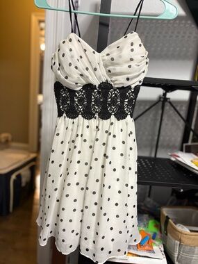 Polka Dot Spaghetti Strap Dress with Lace Waist - Black & White